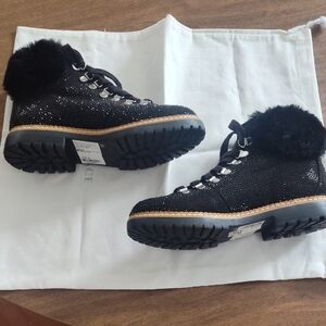 I N C Women's Black Ankle Boots with Fur Trim Gently Used Size 6